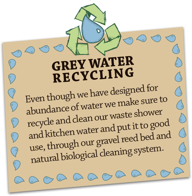 GREY WATER RECYCLING Even though we have an abundance of water we make sure to recycle and clean our waste shower and kitchen water and put it to good use, through our gravel reed bed and natural biological cleaning system.